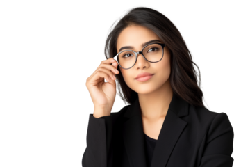 Confident South Asian female lawyer adjusting glasses isolated on transparent white background