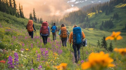 Hikers ascend mountain trail through wildflowers at sunset