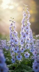 Obraz premium Beautiful lavender delphinium flowers in bloom during sunlit morning in garden