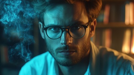 A bearded man wearing glasses sits in a library, smoking a cigarette, surrounded by books and an atmosphere of contemplation.