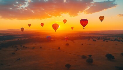 A lively hot air balloon festival at sunset, with radiant orange, red, and yellow balloons filling the sky above a vast open field, creating a vibrant display of colors