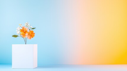 Orange flowers in white cube, pastel background, spring mood, website banner