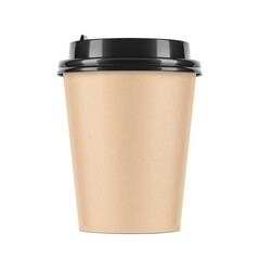 Realistic brown paper cup mockup with plastic lid. Coffee to go, take out mug. Vector illustration isolated and can be use for any backgrounds. EPS10.