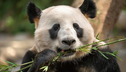 Hungry Giant Panda Munching on Bamboo Adorable BlackandWhite Bear in Lush Green Forest, Embracing Serenity and Harmony in Chinese Wilderness