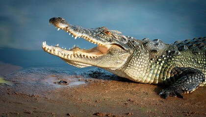 Naklejka premium Hungry Nile Crocodile Basking in the African Savannah at Sunset, Majestic and AweInspiring Reptile with Scale Textures Glowing under Golden Rays, Capturing the Intense Energy of the African