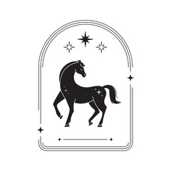 Standing horse with turned head in vintage thin frame with magic stars and elements. Year of the Horse. Black and white vector illustration