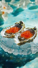 Gourmet Oysters A Fusion of Art and Haute Cuisine: A sophisticated arrangement of five fresh oysters, each nestled on a bed of shimmering crushed ice . with caviare.