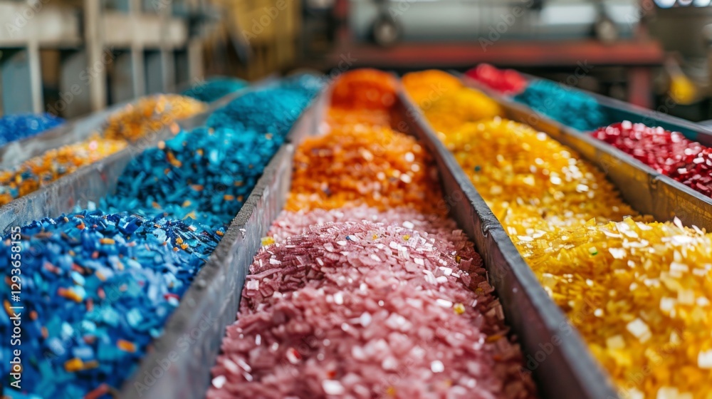 Aufkleber brightly colored granules of recycled plastic are neatly arranged in multiple bins. the setting appe