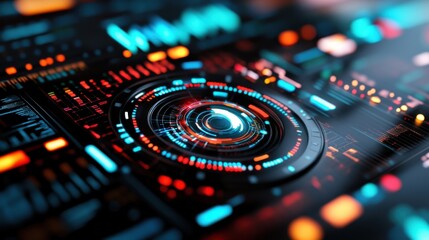 Futuristic data visualization dashboard, glowing digital graphs and analytics, AI-powered business intelligence interface