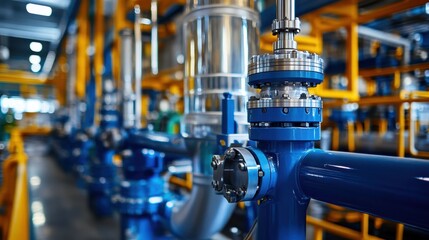 A top-down view of a blue pipe and various valves situated within a spacious industrial room, showcasing the intricate system of fluid control.