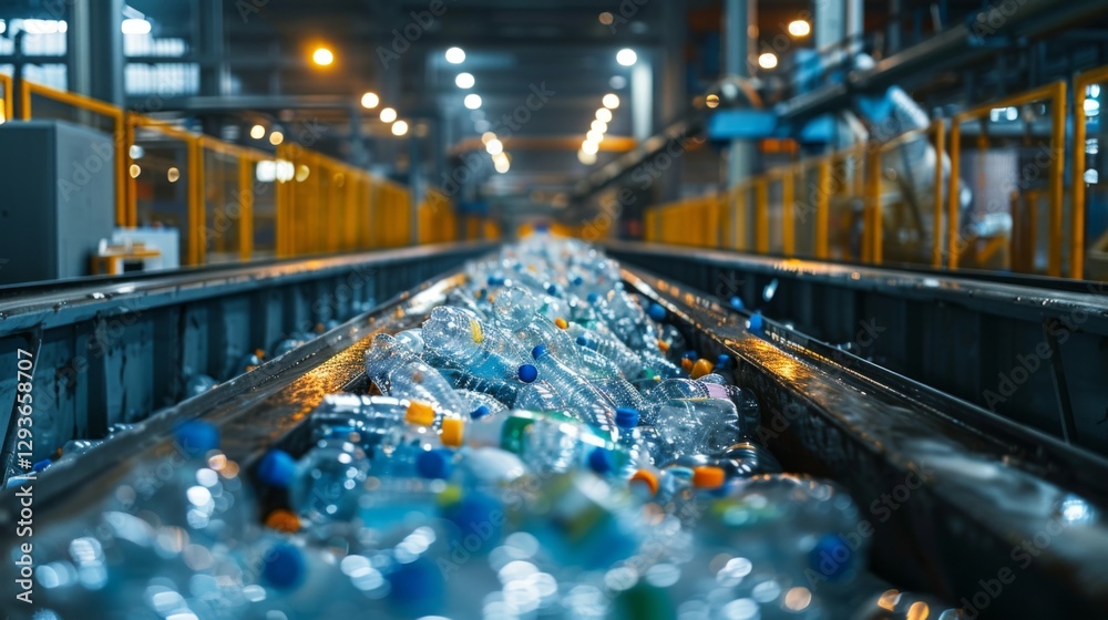 Aufkleber plastic bottles are being processed on a conveyor belt at a recycling facility, with machinery opera
