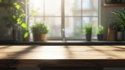 Fototapeta premium Natural light filling a kitchen with green plants on a sunlit wooden table during morning hours. Generative AI