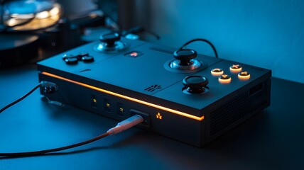 A powerful gaming console with glowing buttons and lights.