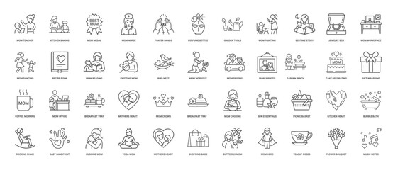  mothers day set line icons, woman child woman cooking woman reading child woman working, support care love relationship