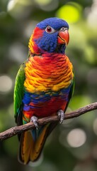 Naklejka premium Colorful Rainbow Lorikeet, Trichoglossus Moluccanus, Perched on a Branch, Detailed Bird Portrait