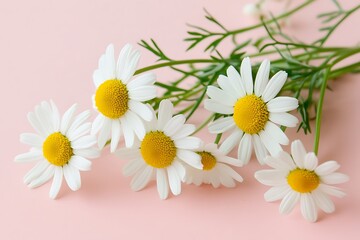 Fototapeta premium simple minimal concept with white daisy chamomile flowers on pink background 