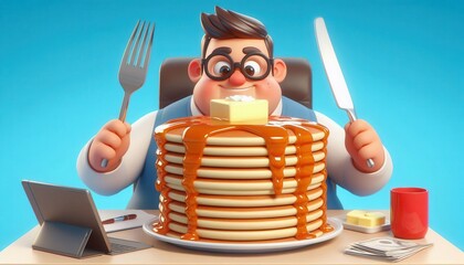 Delicious pancake feast office setting 3d animation bright background joyful vibes