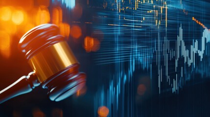 A gavel is prominently featured against a backdrop of digital data, symbolizing the intersection of law and technology.