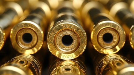 A detailed close-up of bullet shells displayed against a shimmering gold background, highlighting their metallic texture and intricate design.
