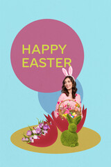 Vertical creative collage picture young pretty girl happy easter celebration basket tradition...