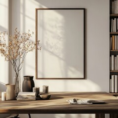A white framed picture hangs on a wall. The picture is empty. A vase with flowers sits on a table. A bookcase is behind the table
