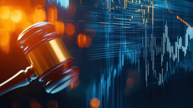 A gavel is prominently featured against a backdrop of digital data, symbolizing the intersection of law and technology.