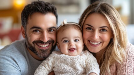 A joyful couple cradles their baby, with the man in a cozy sweater, showcasing love and happiness in a warm family moment.