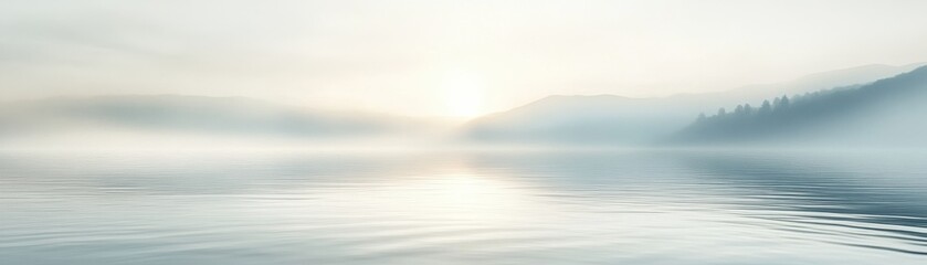 Obraz premium Peaceful Sunrise Over a Misty Lake with Distant Hills