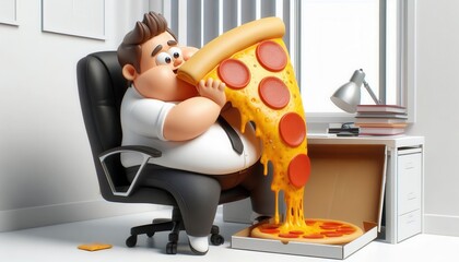 Office worker enjoys pizza slice at desk cartoon style bright and fun environment