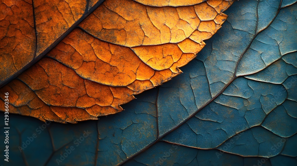 Poster close-up shot of two autumn leaves, one orange and one teal, showcasing intricate textures and contr