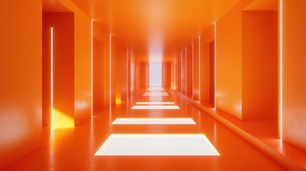 Fototapeta premium Abstract orange corridor with bright light, futuristic interior, potential use for product showcase
