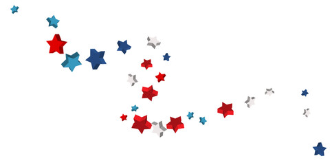Volumetric blue, red and white stars are scattered on a white background. Festive background