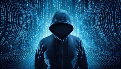 Mysterious hooded figure standing against a digital binary code background, representing cyber security, hacking, and digital crime concepts 
