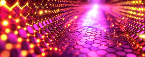 Abstract background Vibrant abstract background with hexagonal patterns and glowing lights in purple and orange hues.