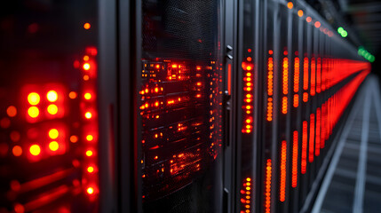 Obraz premium Data Center's Neon Glow: A mesmerizing perspective of server racks ablaze with vibrant red and green lights in a futuristic data center, suggesting the flow of information and cutting-edge technology.