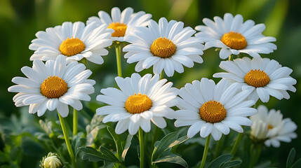 Obraz premium Daisy Bloom: A close-up capture of a cluster of radiant daisies with pristine white petals and vibrant yellow centers, creating a sense of freshness and natural beauty.