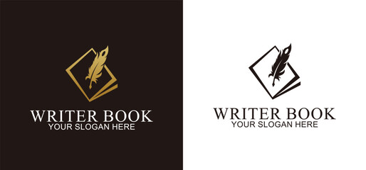 vector book with quill pen, design with golden brown nuance, suitable for business logo, or company related to writers, art, and drawing