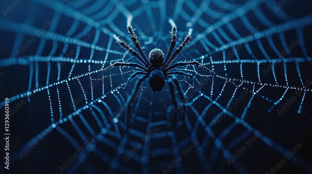 Wall mural mesmerizing close up shot of a spider s web covered in shimmering morning dew with the spider restin