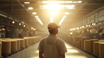 A focused man inspects cardboard boxes in a large warehouse, surrounded by shelves filled with various goods and inventory.