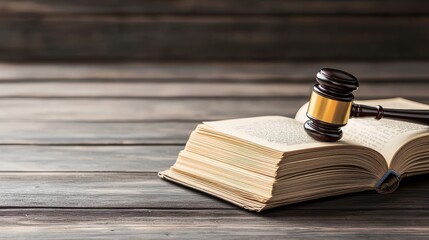 A wooden gavel rests on an open law book, symbolizing justice and the legal system.