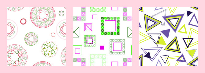 Seamless pattern of geometric shapes. Bright seamless pattern. Set of 3 patterns. Design for fabric, wallpaper, wrapping paper. Vector
