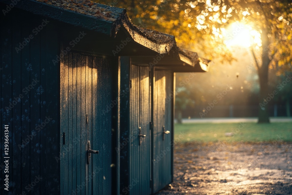Poster row of sheds sitting next to each other in a park, suitable for use in landscape or urban scenes