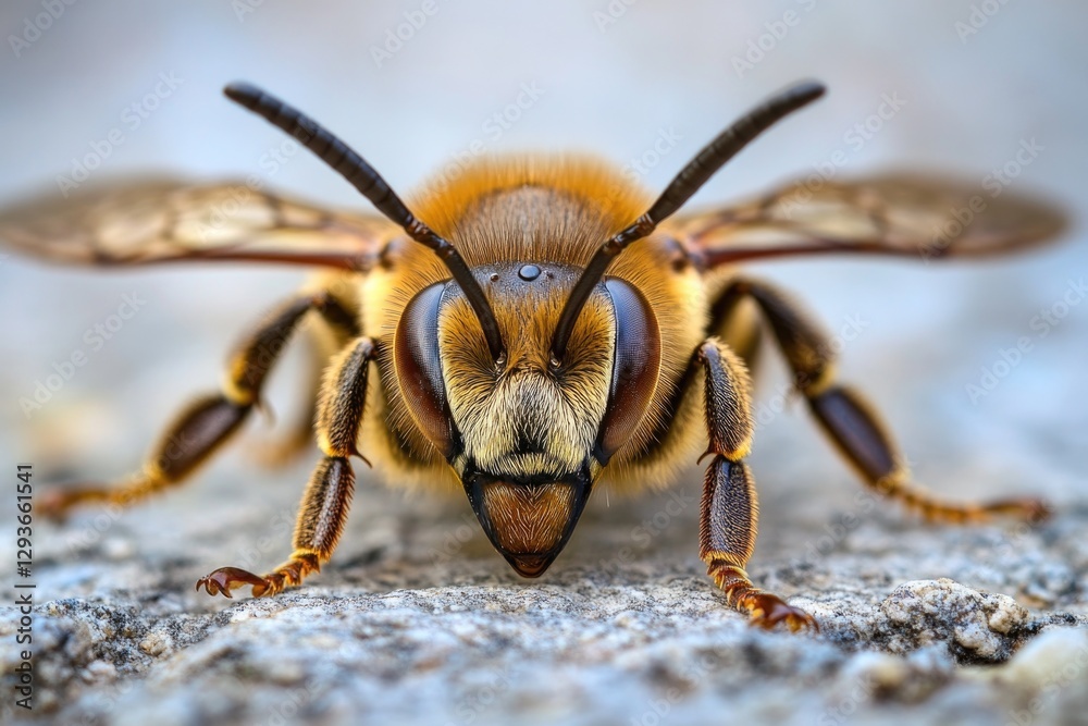 Poster a close-up shot of a bee sitting on a rock, possibly collecting nectar or taking a break