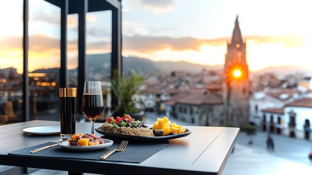 High-end breakfast with panoramic view at a boutique hotel durin