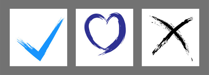 The cross, heart and OK symbol are hand-drawn with a brush. Prohibition, denial, error. Love. Approval, consent. Vector, set of 3 characters