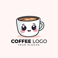 dorable Kawaii Coffee Cup Vector Logo: Playful Character Design with Sparkling Eyes and Rosy Cheeks, Perfect for Cafes and Beverage Brands Seeking a Cute, Friendly, and Memorable Visual Identity