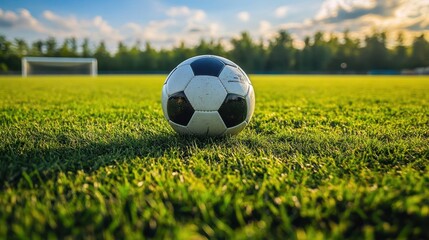 Fototapeta premium A soccer ball rests on lush green grass, positioned in an open field, highlighting the essence of outdoor sports and playfulness.