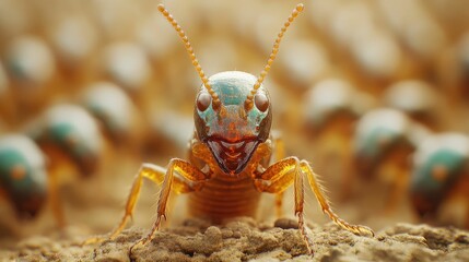 Fototapeta premium Macro close up view of an elongated termite queen s body surrounded by a bustling scene of numerous worker termites within an underground termite colony or nest structure