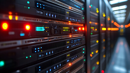 Naklejka premium Server Room: Rows of powerful servers humming in a modern data center, bathed in the cool blue and warm red glow of their operational lights, symbolizing the backbone of digital infrastructure.