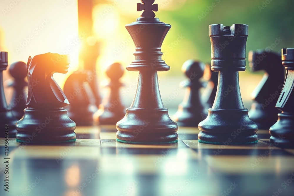Poster group of chess pieces on a traditional chess board, great for illustrations or game-related concepts